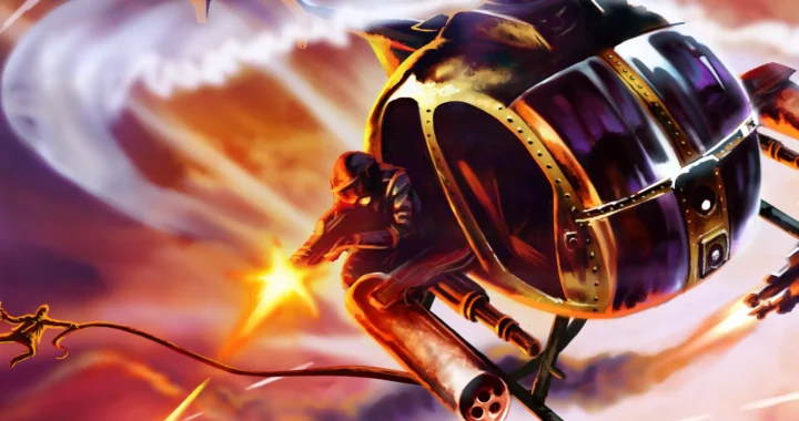 Un primer plano ilustrado muestra a un piloto disparando una minigun desde un helicóptero esférico volando a través de nubes anaranjadas de Cleared Hot.