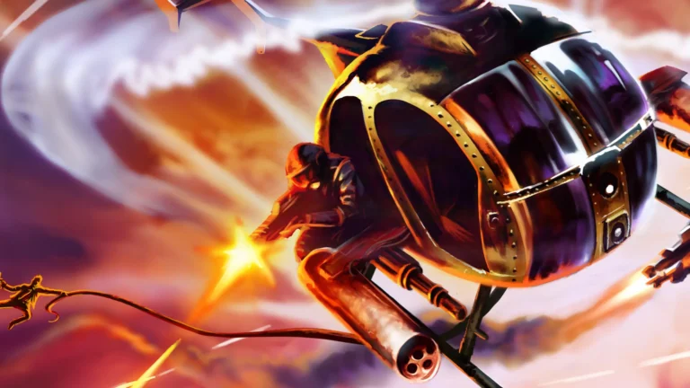 Un primer plano ilustrado muestra a un piloto disparando una minigun desde un helicóptero esférico volando a través de nubes anaranjadas de Cleared Hot.