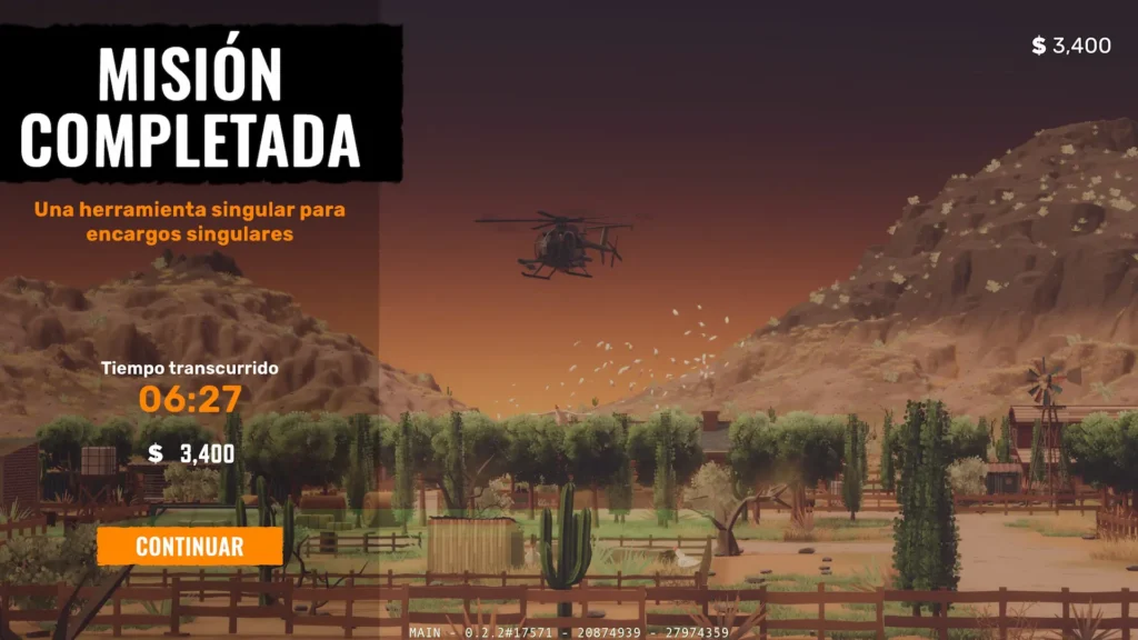 Misión Completada aparece en pantalla en Cleared Hot, mostrando el tiempo de 6:27 transcurrido y una recompensa de $3,400 sobre un paisaje desértico.
