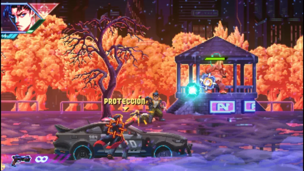 Un héroe se cubre tras un coche mientras dispara a enemigos entre árboles naranjas en Neon Inferno.