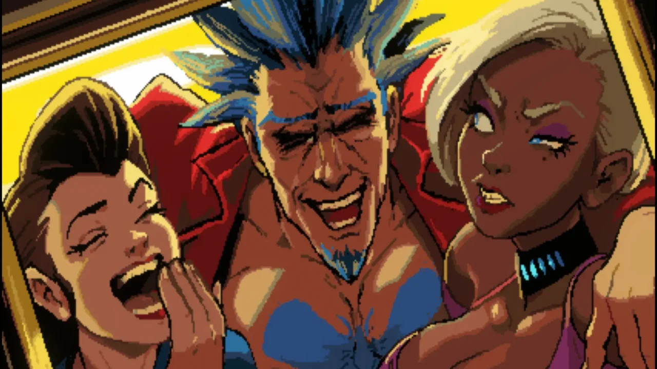 Tres personajes sonríen y posan juntos con aire fiestero en un retrato pixelado de Neon Inferno.
