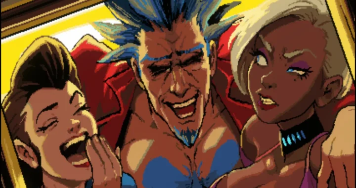 Tres personajes sonríen y posan juntos con aire fiestero en un retrato pixelado de Neon Inferno.