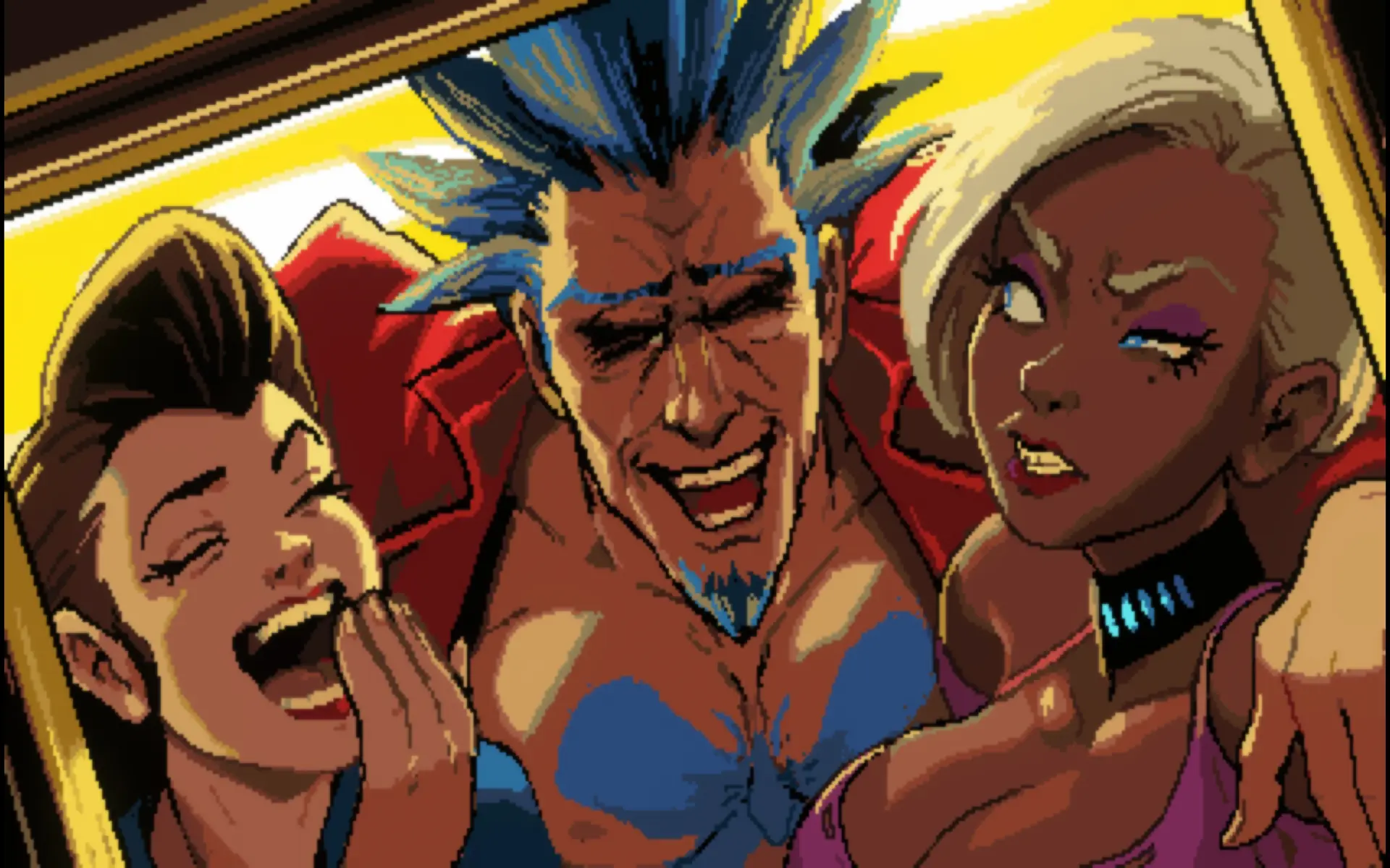Tres personajes sonríen y posan juntos con aire fiestero en un retrato pixelado de Neon Inferno.