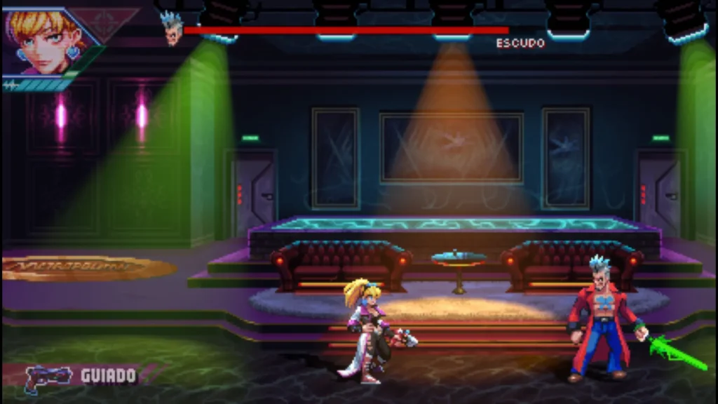 Una luchadora con coleta se enfrenta a un jefe de pelo azul armado con espada de energía en Neon Inferno.