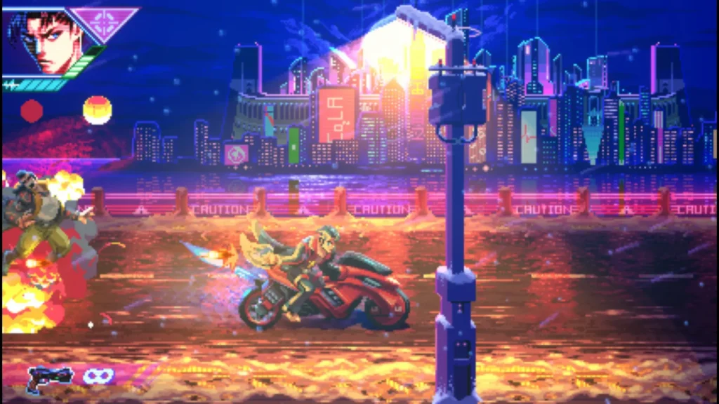 Un personaje acelera en moto disparando contra enemigos frente a una ciudad futurista en Neon Inferno.