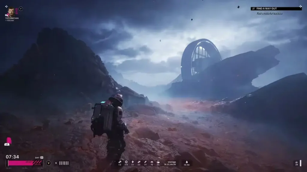 Un astronauta avanza por un terreno rocoso hacia una estructura circular bajo un cielo tormentoso en The Alters.