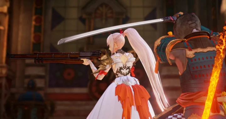 Una guerrera de cabello blanco en un vestido de novia sostiene un rifle contra un samurái con una katana, resaltando la cinematografía en los videojuegos como arte.