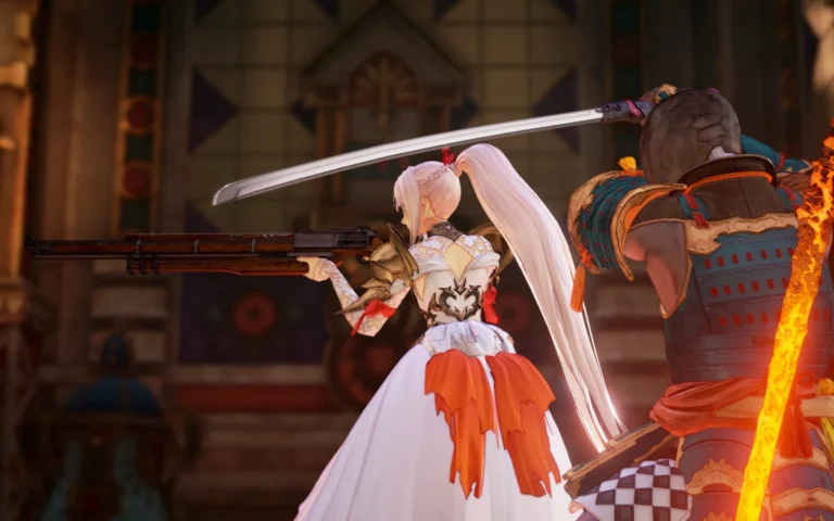 Una guerrera de cabello blanco en un vestido de novia sostiene un rifle contra un samurái con una katana, resaltando la cinematografía en los videojuegos como arte.