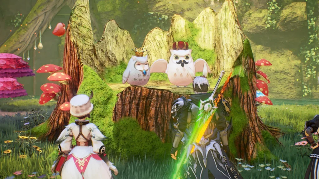 El protagonista y una compañera se encuentran frente a dos majestuosos búhos coronados, destacando la belleza y diseño de personajes en los videojuegos como arte.