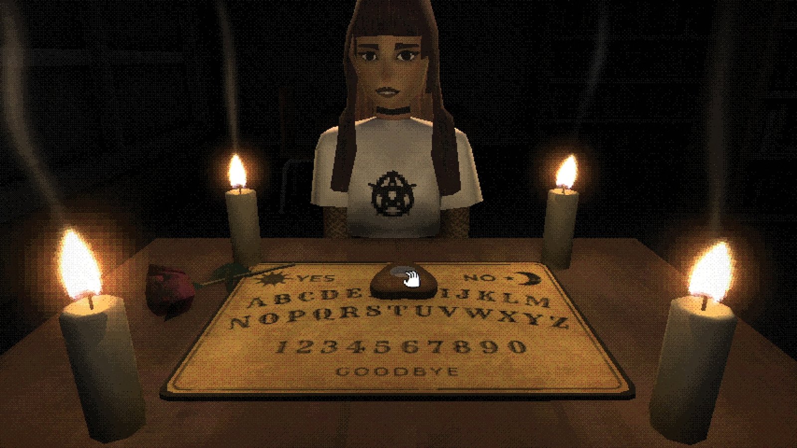 Una joven invoca algo con una ouija rodeada de velas encendidas en Fear the Spotlight.