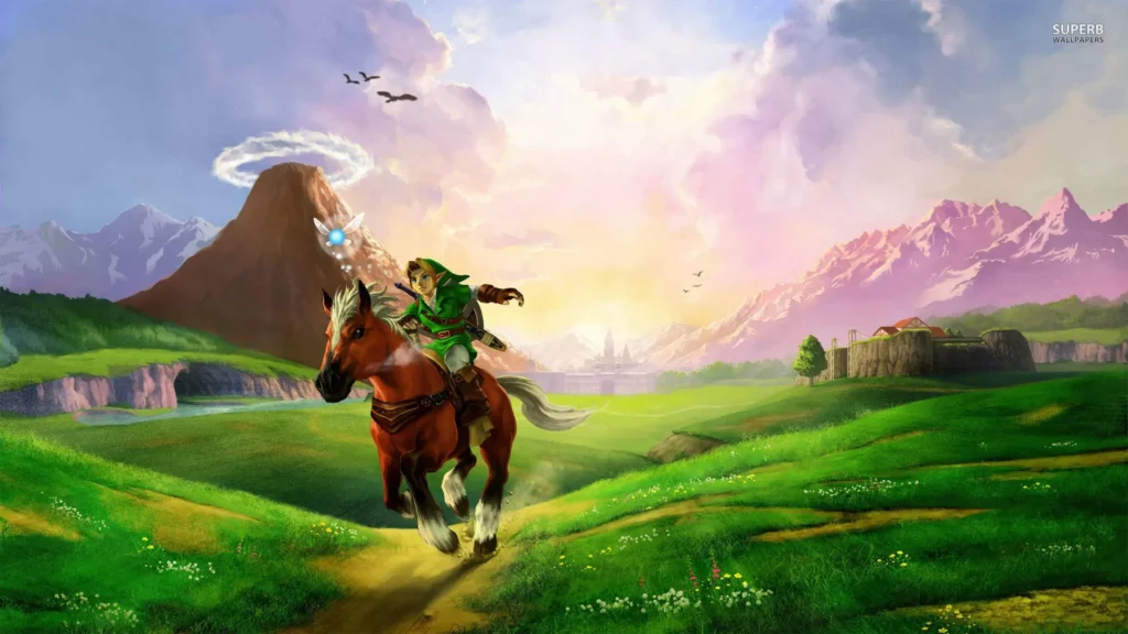 Link, a caballo, corre por un campo verde, pasando por una montaña con un anillo de luz, arte oficial de The Legend of Zelda.