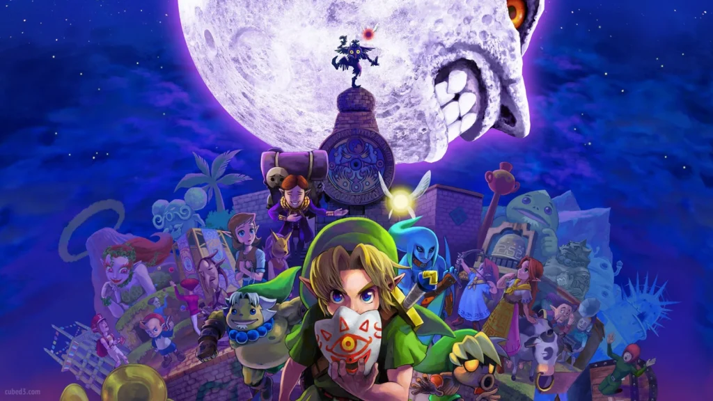 La ilustración principal de Majora's Mask muestra a Link sosteniendo la máscara, con Skull Kid sobre un reloj y la Luna amenazante, un juego clave de The Legend of Zelda.