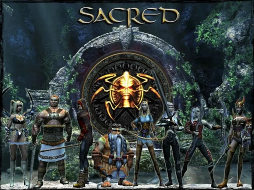 Selección de clases de Sacred posando unidas frente a un portal ornamentado con un emblema dorado.