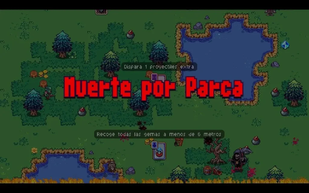 La pantalla muestra el mensaje “Muerte por Parca” tras la derrota del jugador en Death by Scrolling.