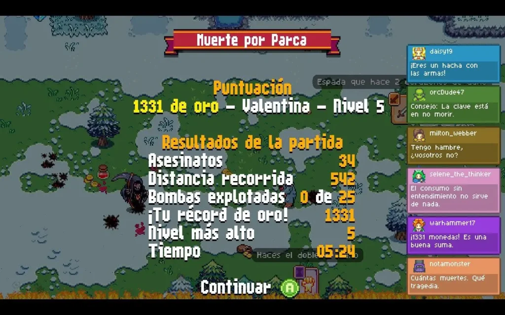 Resultados de partida con puntuación y estadísticas tras caer ante la Parca en Death by Scrolling.