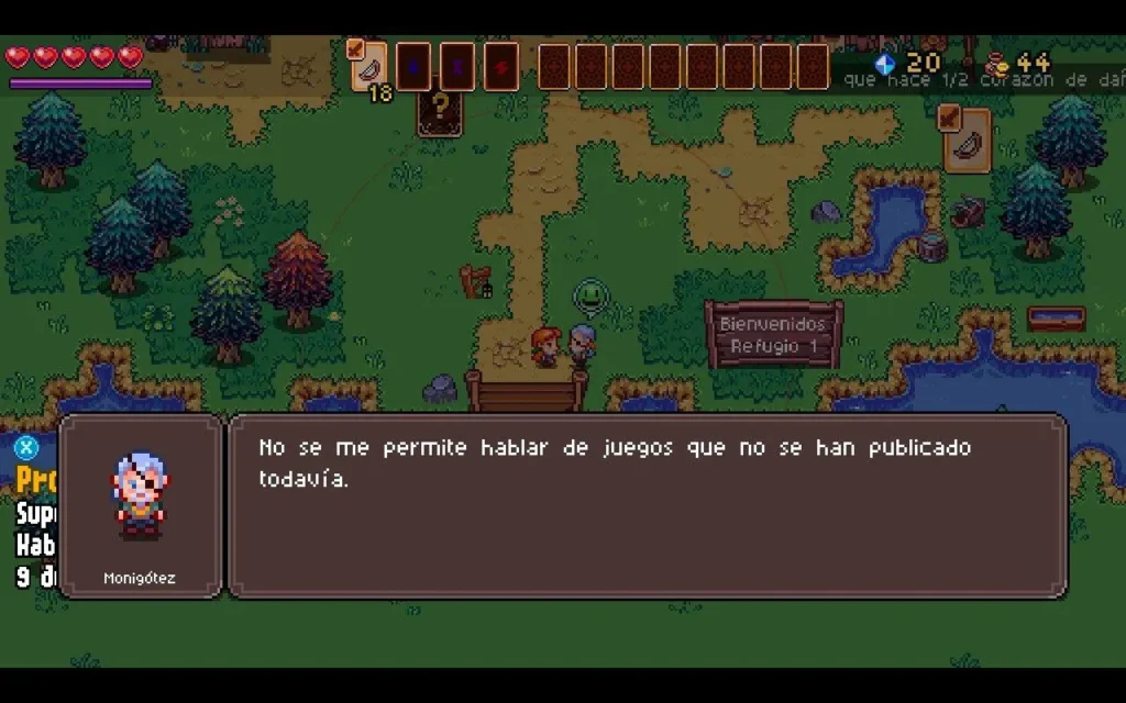 Un personaje conversa con un NPC que se niega a hablar sobre juegos no publicados en Death by Scrolling.