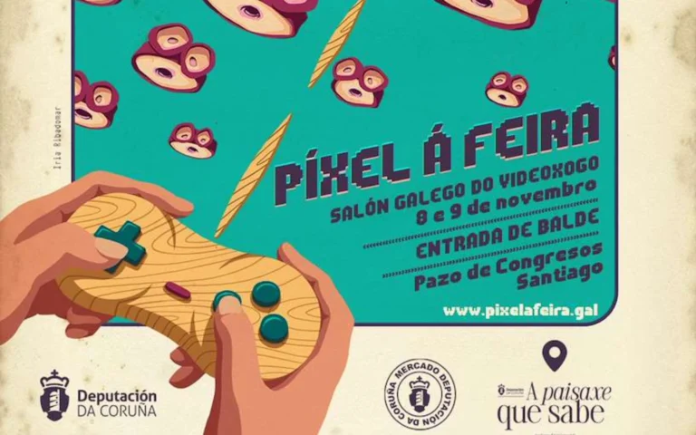 Cartel oficial de Píxel á feira con manos sosteniendo un mando de madera y fondo turquesa lleno de ojos pixelados.