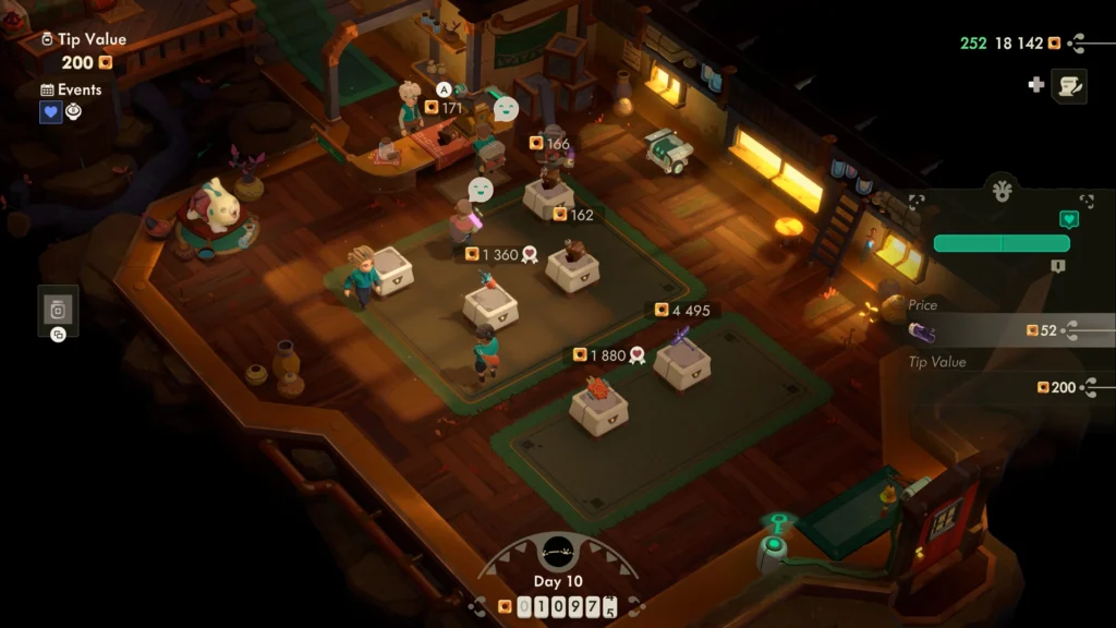 Interior de la tienda en Moonlighter 2 con clientes comprando objetos y el sistema de precios a la vista.