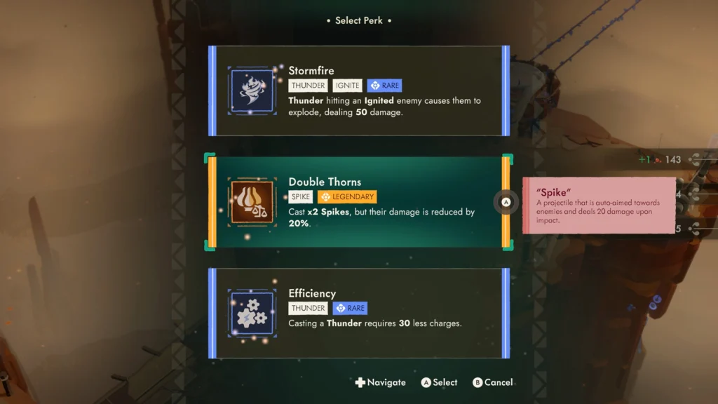 Interfaz de selección de mejoras en Moonlighter 2 donde se elige la habilidad legendaria de espinas dobles.