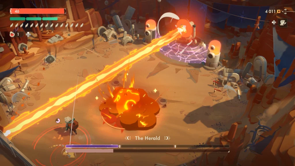 Combate contra el jefe El Heraldo en Moonlighter 2 con el héroe evitando un gran rayo de energía en el desierto.