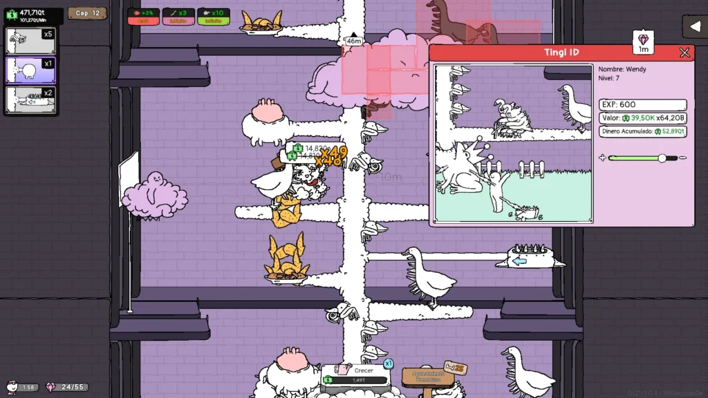 Pantalla de gestión del árbol de crecimiento con patos mutantes y estadísticas en el juego móvil Tingus Goose.