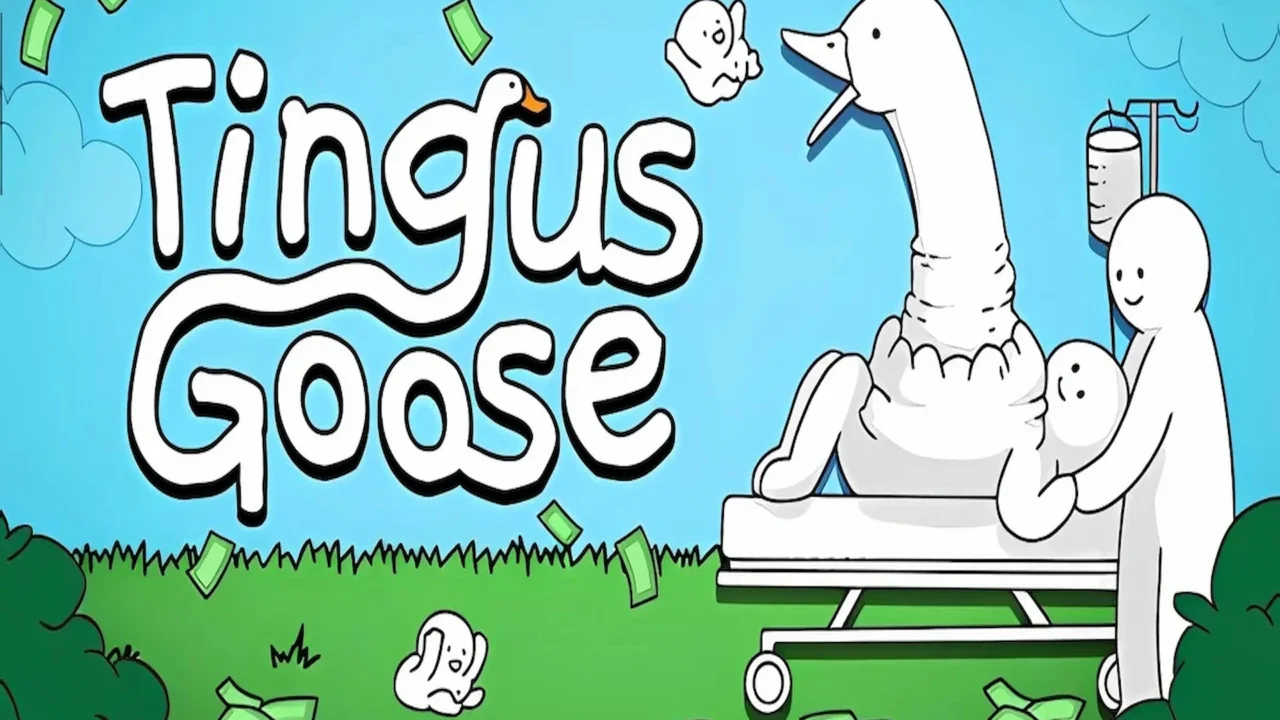 Arte principal bizarro del juego Tingus Goose con un pato de cuello largo saliendo de un paciente.