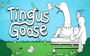 Arte principal bizarro del juego Tingus Goose con un pato de cuello largo saliendo de un paciente.