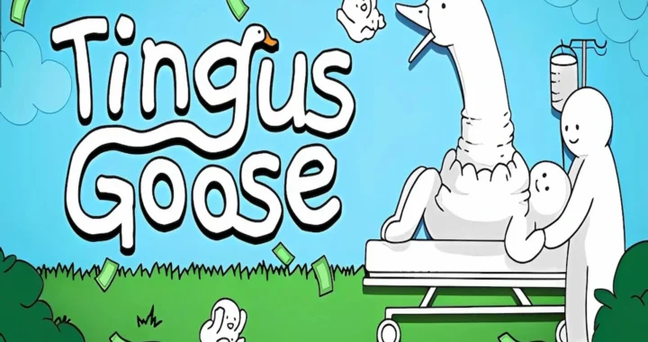 Arte principal bizarro del juego Tingus Goose con un pato de cuello largo saliendo de un paciente.