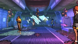 Grupo de estudiantes explora el interior de un avión estrellado pixel art en una mazmorra de Demonschool.