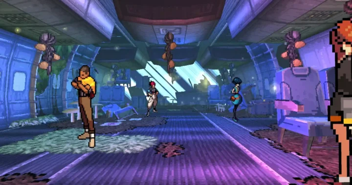 Grupo de estudiantes explora el interior de un avión estrellado pixel art en una mazmorra de Demonschool.