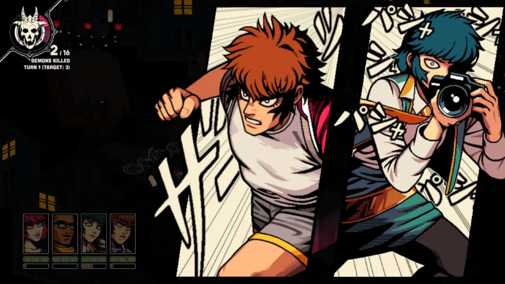 Panel estilo manga de Destin y Namako ejecutando un ataque combinado dinámico en el RPG táctico Demonschool.