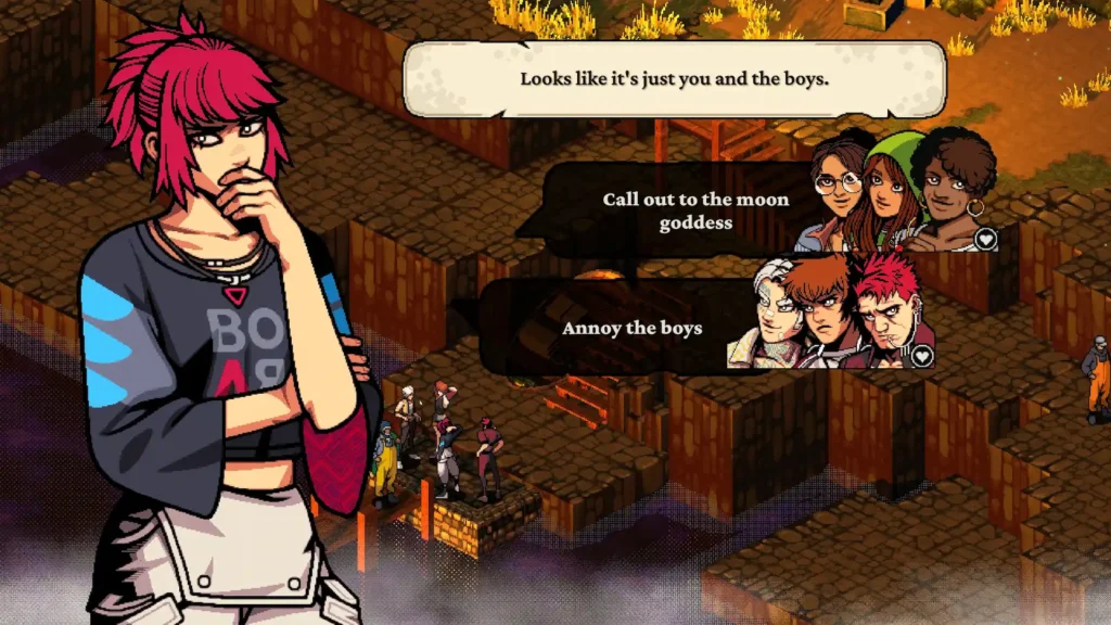 Faye reflexiona ante una decisión de diálogo entre dos grupos de amigos en la narrativa de Demonschool.