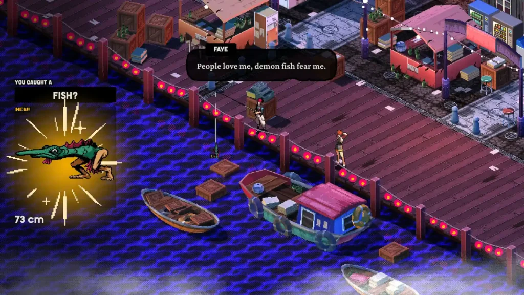 Faye pesca un extraño pez con piernas en el minijuego de pesca del muelle en el mundo de Demonschool.