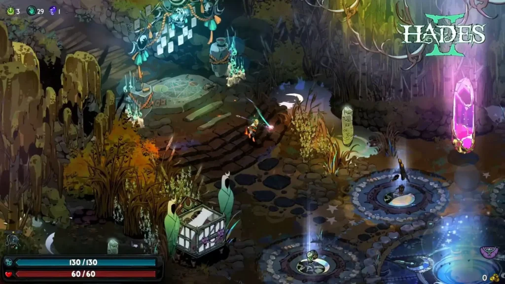 Melinoë de Hades 2 recorre un jardín oscuro del inframundo, rodeada de vegetación retorcida y magia brillante.