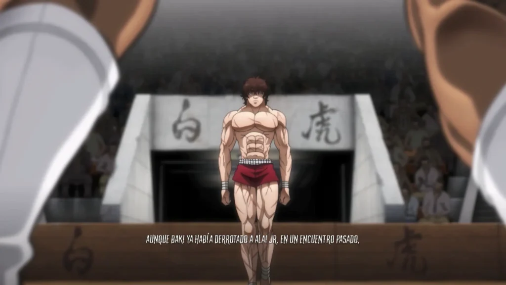 Baki camina musculado hacia la cámara en una cinemática de historia de Baki Hanma: Blood Arena.