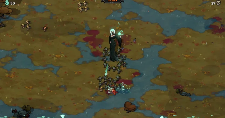 La nigromante liderando su ejército de no-muertos en un mapa pantanoso en Be My Horde.