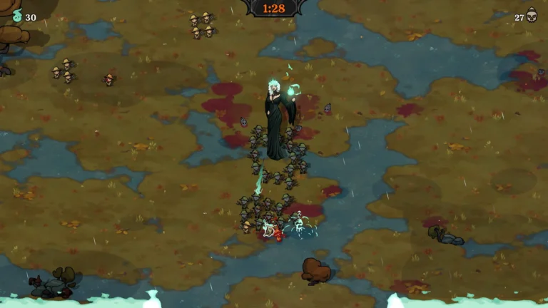 La nigromante liderando su ejército de no-muertos en un mapa pantanoso en Be My Horde.