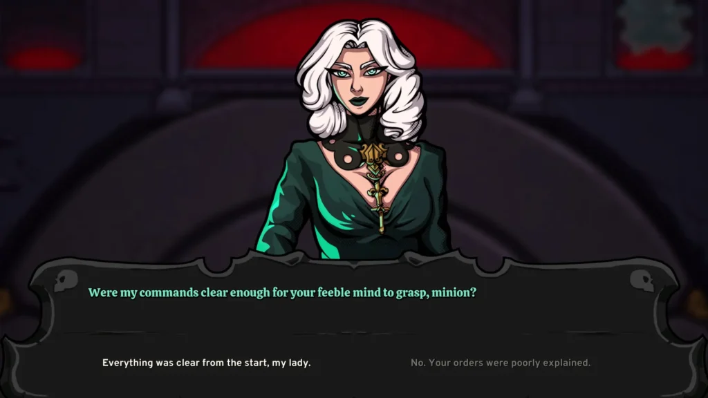 Escena de diálogo en Be My Horde donde la nigromante habla con el jugador, con opciones de respuesta.