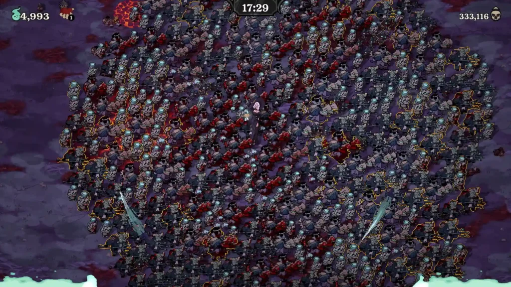 La nigromante de Be My Horde rodeada por una inmensa horda de demonios resucitados durante una batalla.