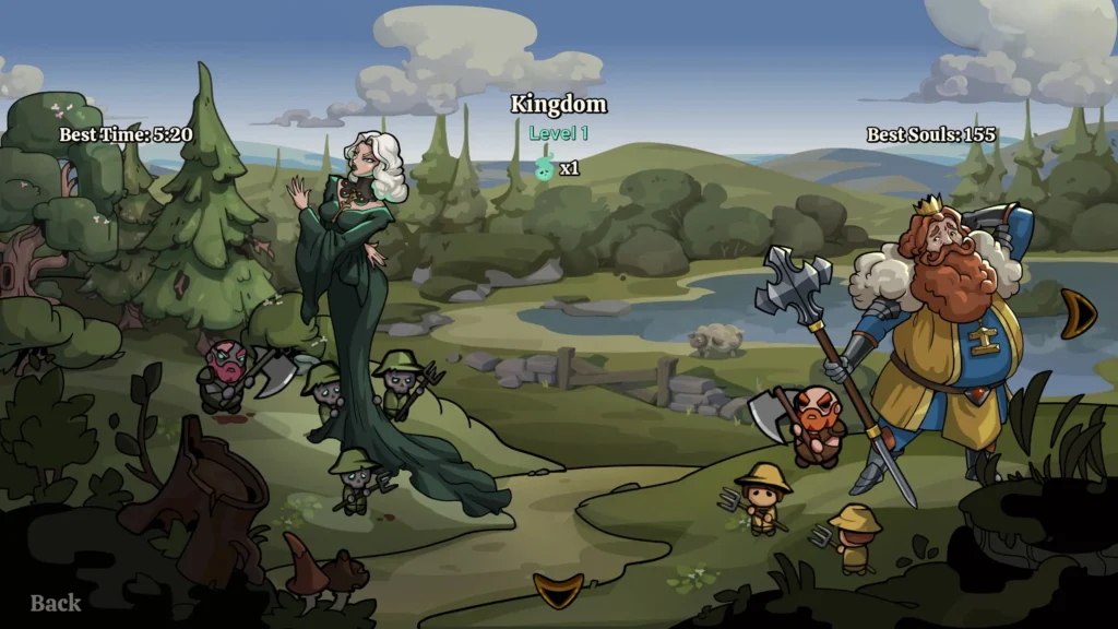 Pantalla de inicio de nivel en Be My Horde, mostrando a la nigromante y al rey enemigo.