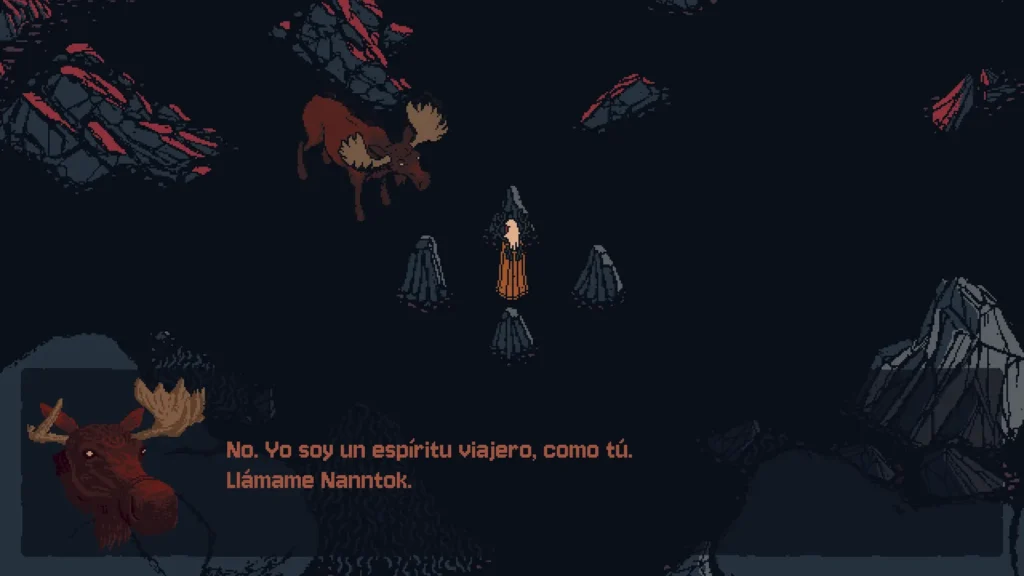 Diálogo en Death Howl con el espíritu Nanntok, un alce rojo, en un entorno de estilo pixel art.