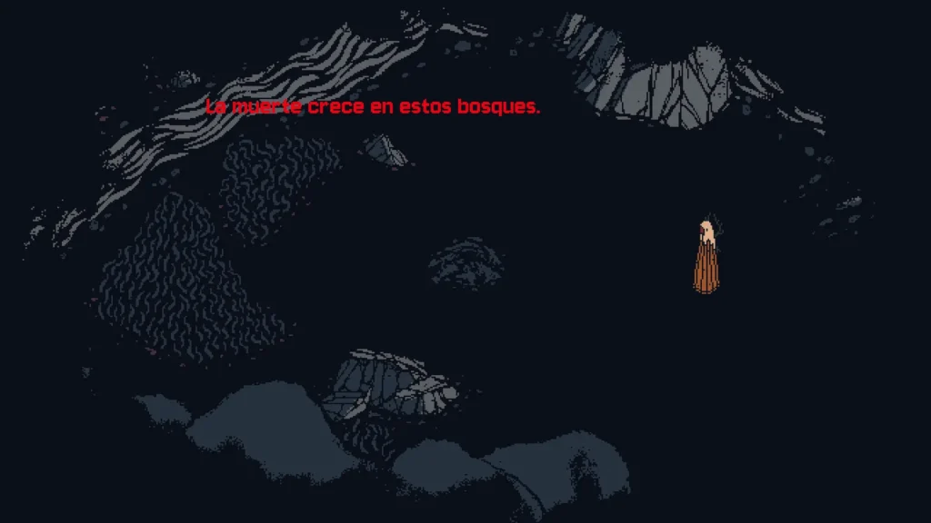 Mapa pixel art de Death Howl mostrando bosques oscuros y al protagonista con túnica naranja.