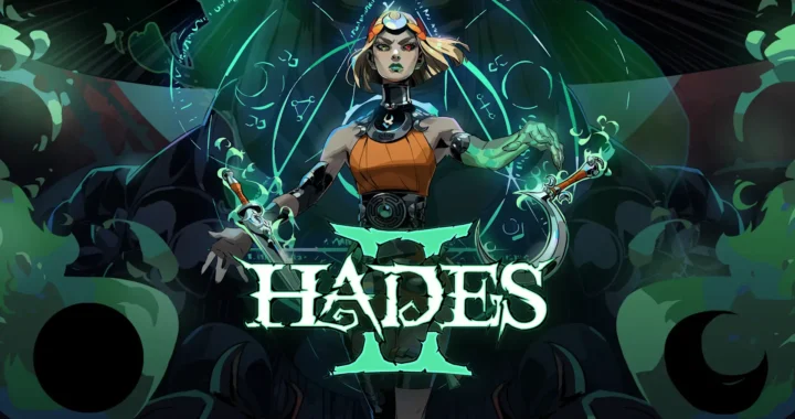 Protagonista de Hades 2 alzando dos armas mágicas entre símbolos arcanos en una ilustración de estilo sobrenatural.