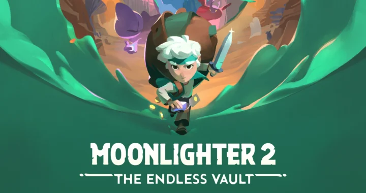 Arte principal de Moonlighter 2 mostrando al protagonista Will cargando su mochila mientras corre con su espada.