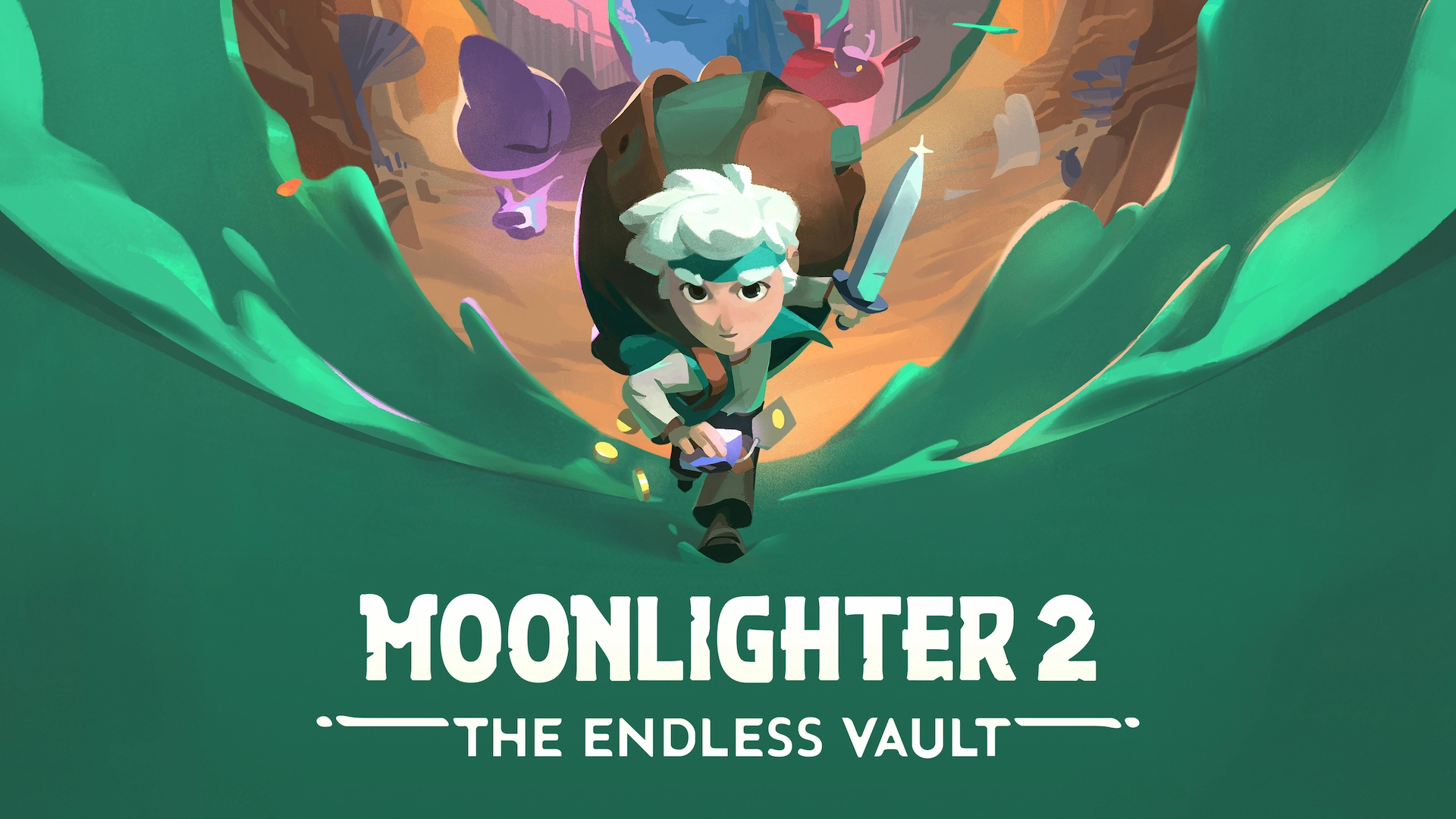 Arte principal de Moonlighter 2 mostrando al protagonista Will cargando su mochila mientras corre con su espada.
