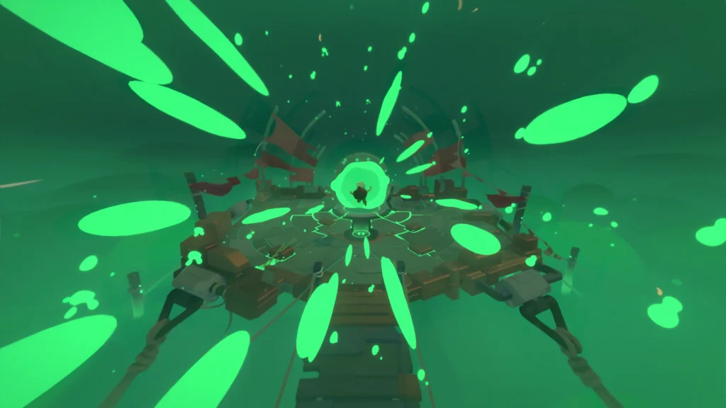 Escena de Moonlighter 2 en la que Will se aproxima a un portal verde rodeado de fragmentos flotantes.