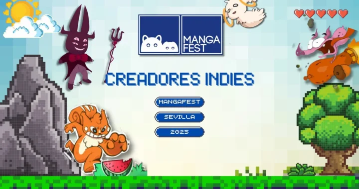 Cartel pixel art de la zona Creadores Indies de Sevilla con personajes de juegos para Mangafest 2025.