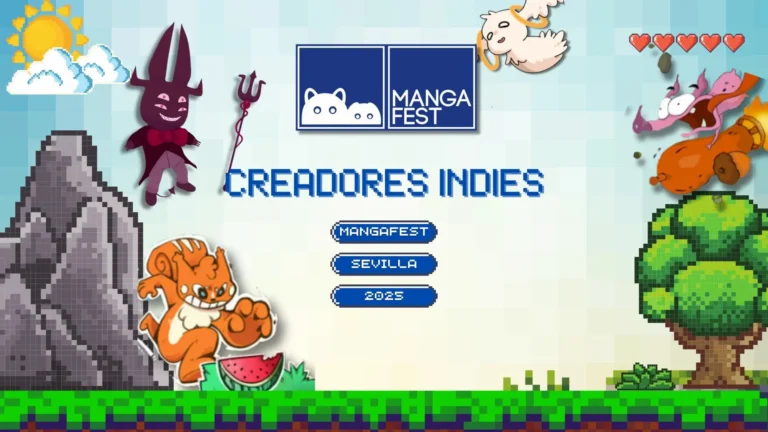 Cartel pixel art de la zona Creadores Indies de Sevilla con personajes de juegos para Mangafest 2025.