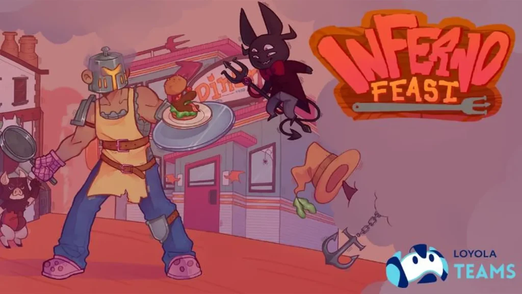 Caballero cocinero y un diablo presentan el juego de cocina Inferno Feast en el evento Mangafest 2025.