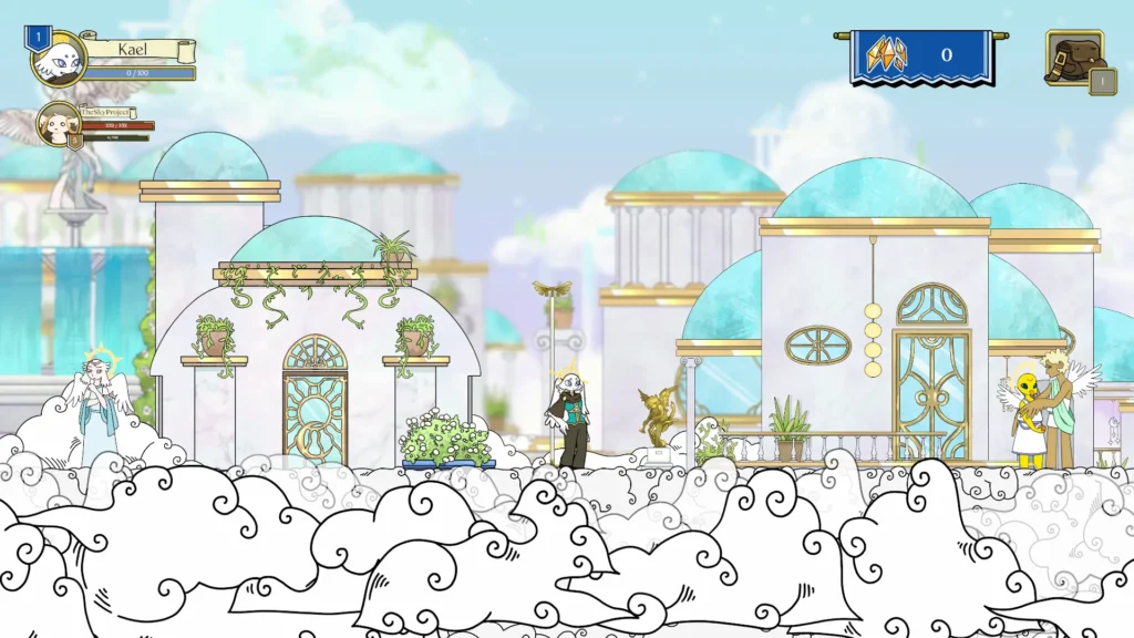 Personajes exploran una ciudad de nubes y arquitectura griega en The Sky Project en Mangafest 2025.